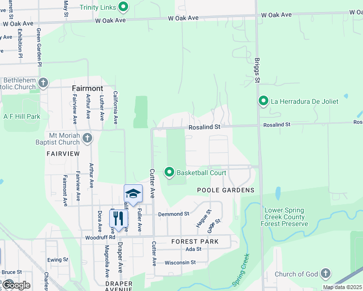 map of restaurants, bars, coffee shops, grocery stores, and more near 17635-17999 Rosalind St in Joliet
