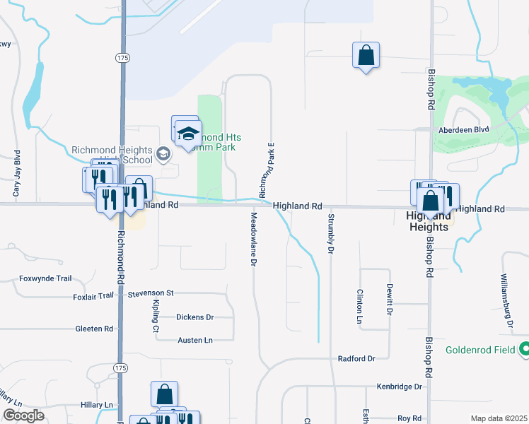 map of restaurants, bars, coffee shops, grocery stores, and more near 27616 Highland Road in Richmond Heights