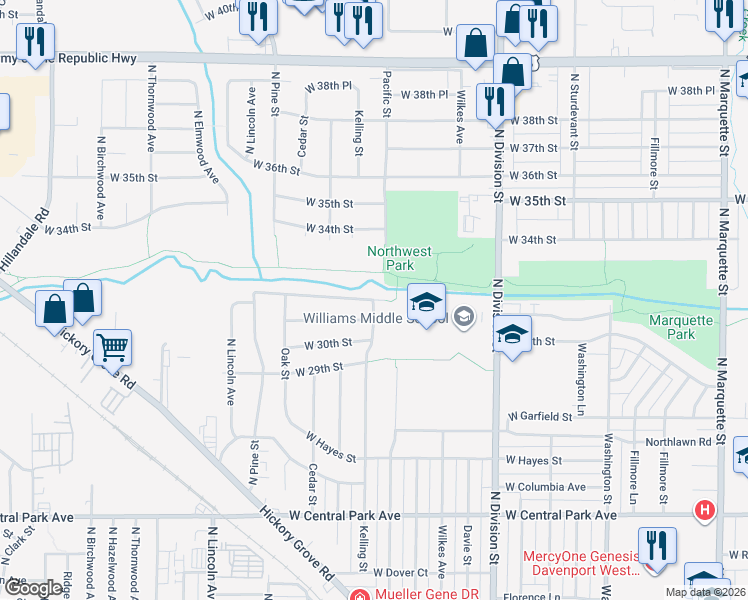 map of restaurants, bars, coffee shops, grocery stores, and more near West George Washington Boulevard in Davenport