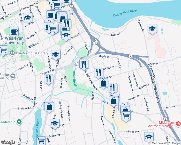 map of restaurants, bars, coffee shops, grocery stores, and more near 99 East Main Street in Middletown