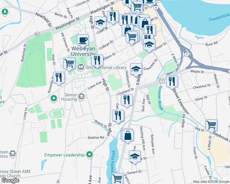 map of restaurants, bars, coffee shops, grocery stores, and more near 132 High Street in Middletown