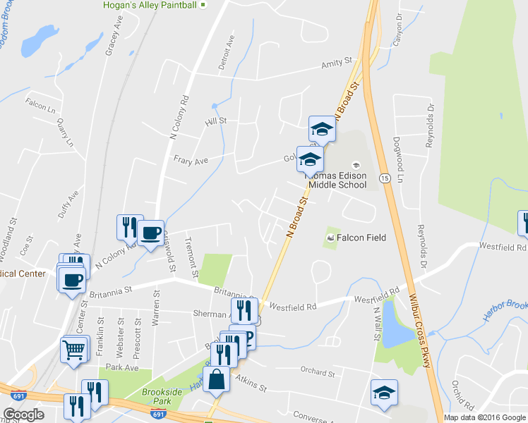 map of restaurants, bars, coffee shops, grocery stores, and more near 40 Clark Street in Meriden