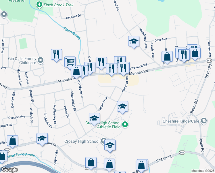 map of restaurants, bars, coffee shops, grocery stores, and more near 84 Wedgewood Drive in Waterbury