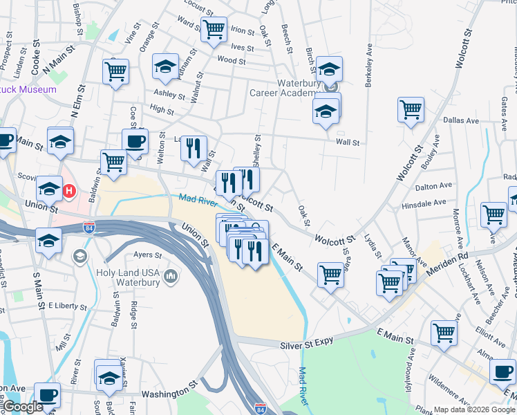 map of restaurants, bars, coffee shops, grocery stores, and more near 15 Howard Street in Waterbury