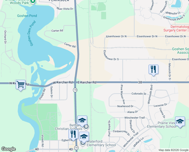 map of restaurants, bars, coffee shops, grocery stores, and more near Winona Railway Trail in Goshen