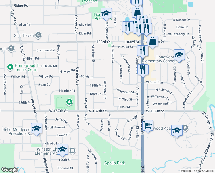 map of restaurants, bars, coffee shops, grocery stores, and more near 18510 Carpenter Street in Homewood