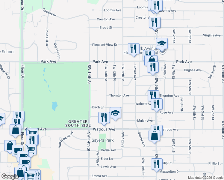 map of restaurants, bars, coffee shops, grocery stores, and more near 3415 Southwest 12th Place in Des Moines