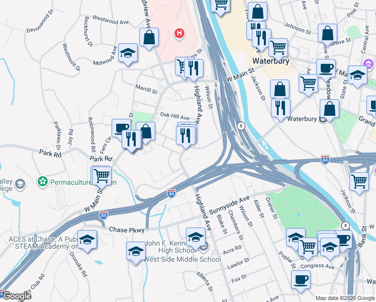 map of restaurants, bars, coffee shops, grocery stores, and more near 167 Highland Avenue in Waterbury