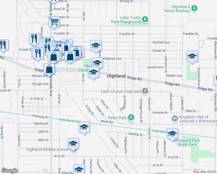 map of restaurants, bars, coffee shops, grocery stores, and more near 8877 Carolina Avenue in Highland