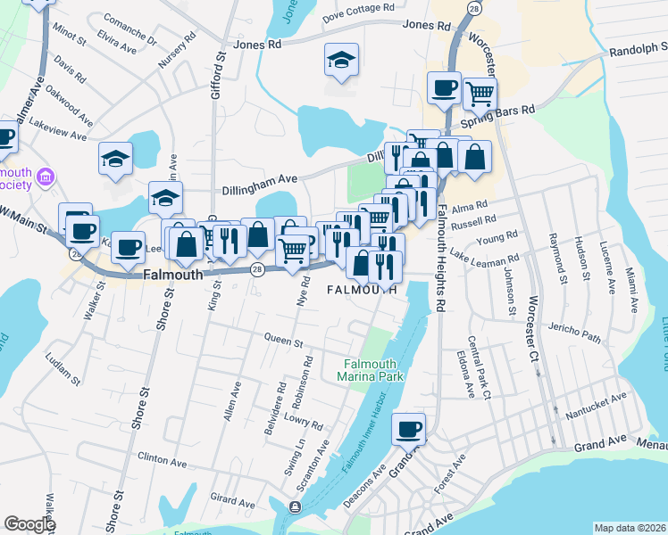map of restaurants, bars, coffee shops, grocery stores, and more near 649 Main Street in Falmouth