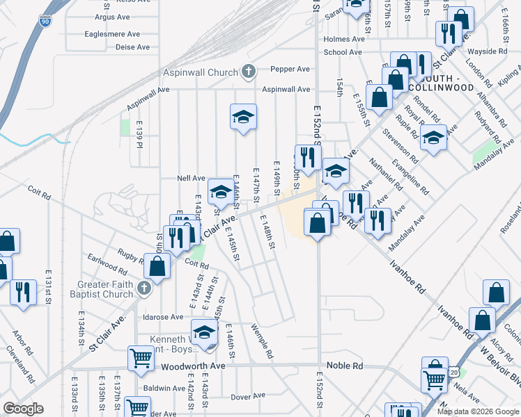 map of restaurants, bars, coffee shops, grocery stores, and more near St Clair Ave & E 148th St in Cleveland
