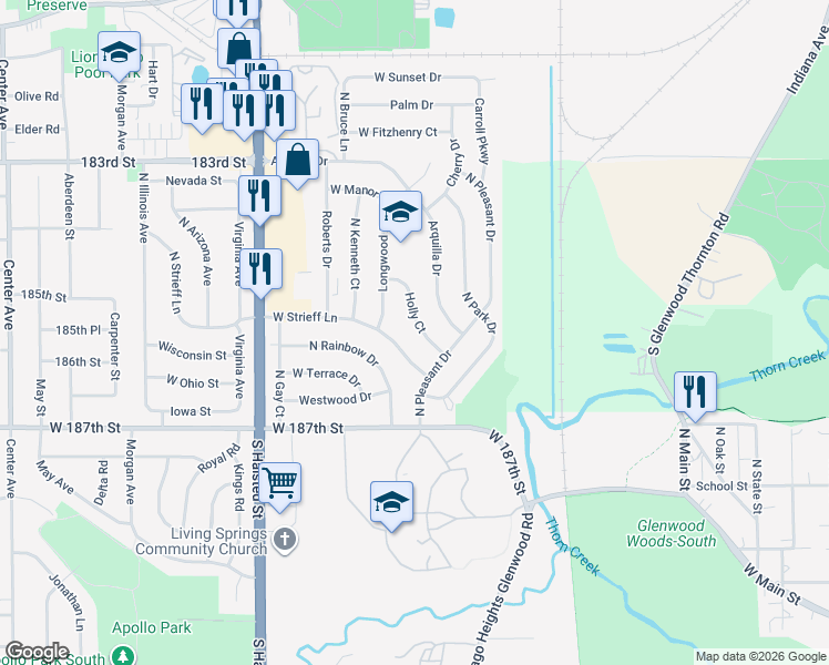 map of restaurants, bars, coffee shops, grocery stores, and more near 330 Holly Court in Glenwood