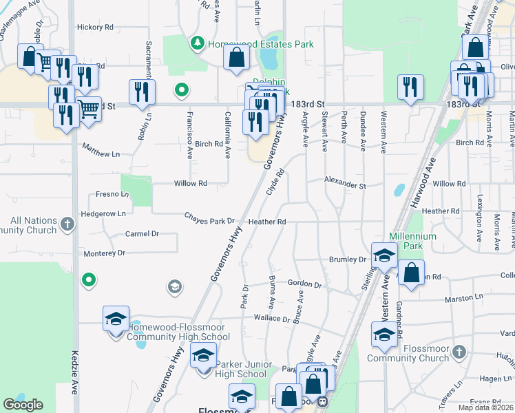 map of restaurants, bars, coffee shops, grocery stores, and more near 18516 Clyde Road in Homewood