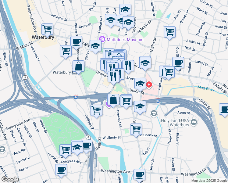 map of restaurants, bars, coffee shops, grocery stores, and more near 63 Grand Street in Waterbury