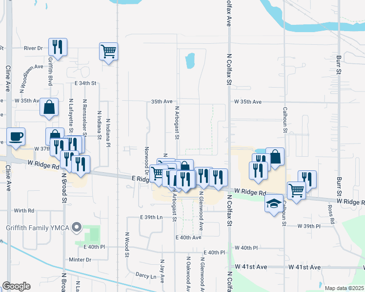 map of restaurants, bars, coffee shops, grocery stores, and more near 1719 North Arbogast Street in Griffith