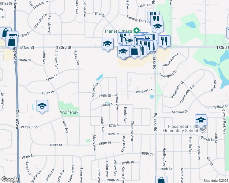 map of restaurants, bars, coffee shops, grocery stores, and more near 18557 Willow Avenue in Country Club Hills