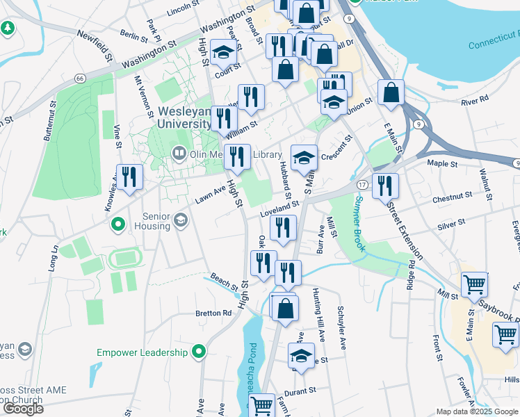 map of restaurants, bars, coffee shops, grocery stores, and more near 62 Loveland Street in Middletown