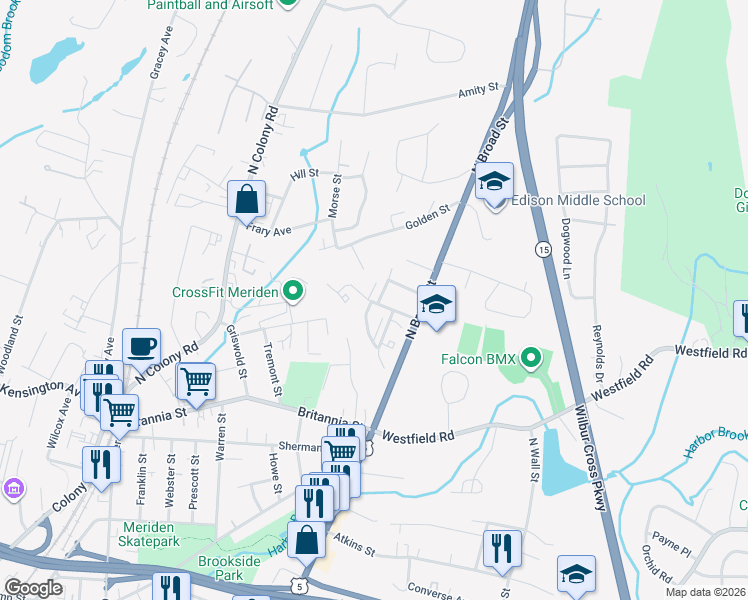map of restaurants, bars, coffee shops, grocery stores, and more near 40 Clark Street in Meriden