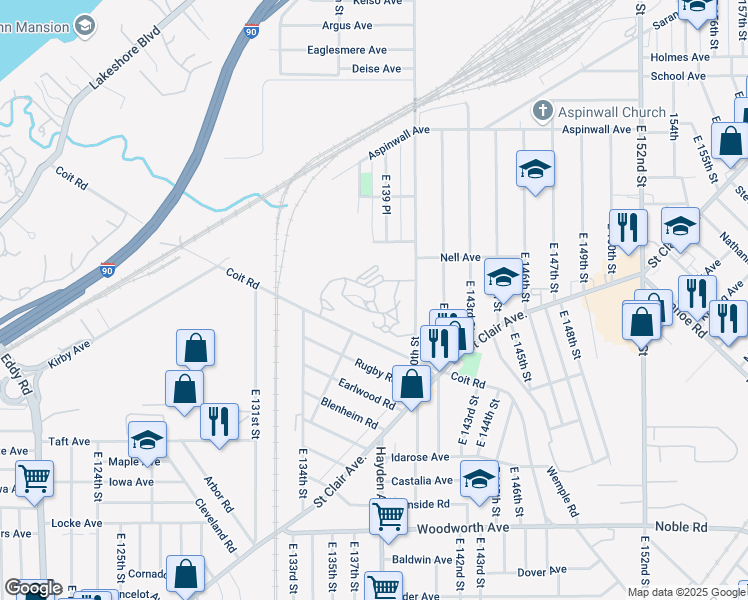 map of restaurants, bars, coffee shops, grocery stores, and more near 13421 Coit Road in Cleveland