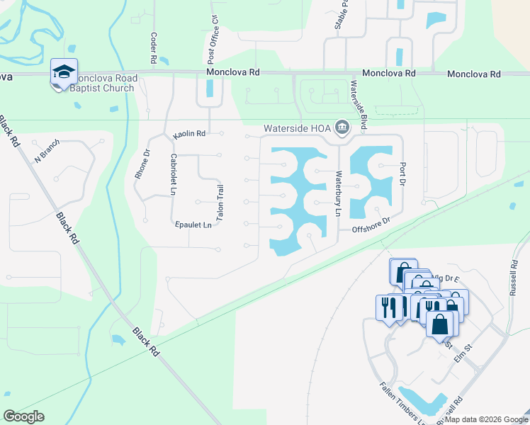 map of restaurants, bars, coffee shops, grocery stores, and more near 7325 Clipper Court in Maumee