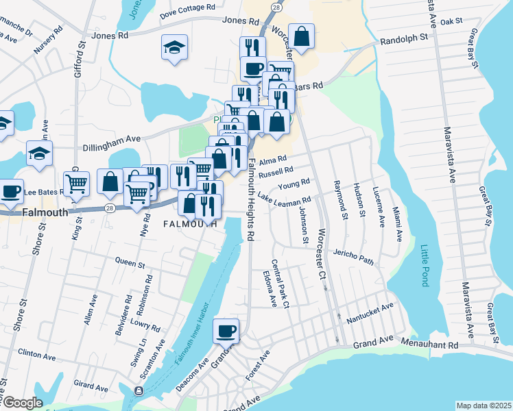 map of restaurants, bars, coffee shops, grocery stores, and more near 4 Young Road in Falmouth