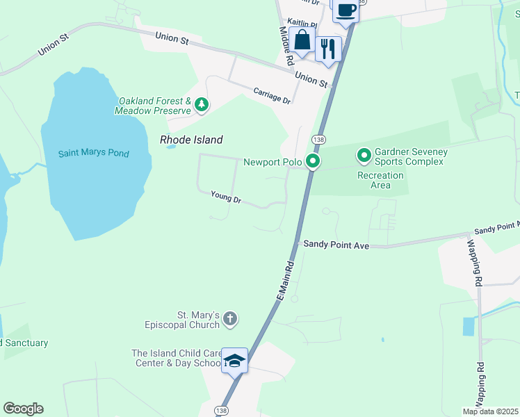 map of restaurants, bars, coffee shops, grocery stores, and more near 65 Young Drive in Portsmouth