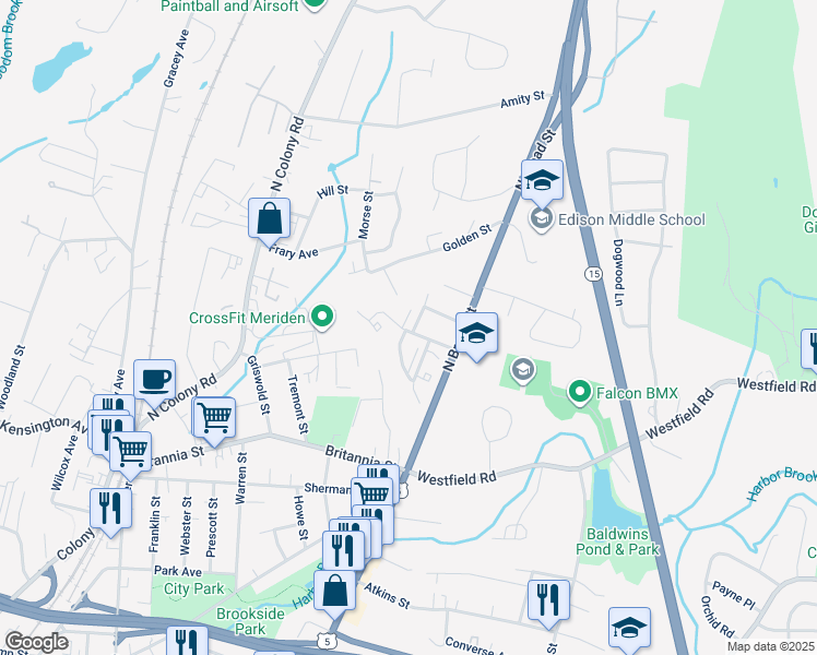 map of restaurants, bars, coffee shops, grocery stores, and more near 40 Clark Street in Meriden