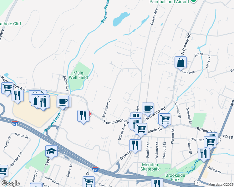 map of restaurants, bars, coffee shops, grocery stores, and more near 105 Woodland Street in Meriden