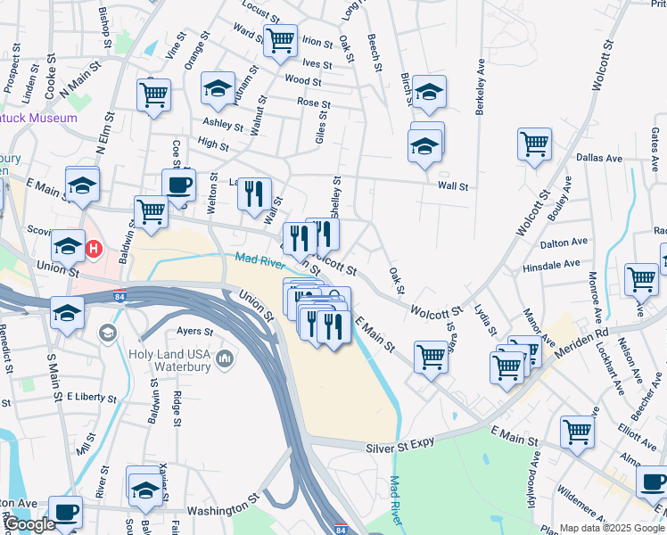 map of restaurants, bars, coffee shops, grocery stores, and more near 15 Howard Street in Waterbury