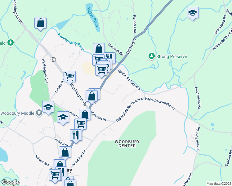 map of restaurants, bars, coffee shops, grocery stores, and more near 74 Main Street North in Woodbury