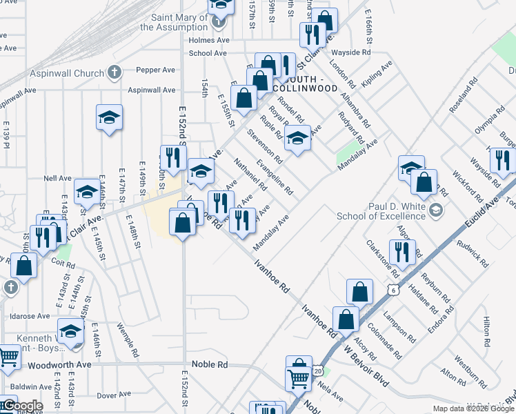 map of restaurants, bars, coffee shops, grocery stores, and more near 15613 Kipling Avenue in Cleveland