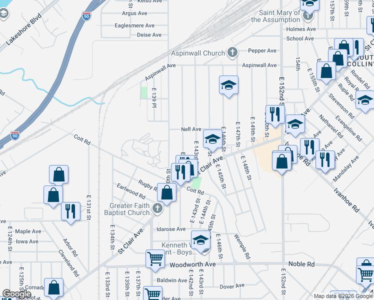 map of restaurants, bars, coffee shops, grocery stores, and more near 963 East 141st Street in Cleveland