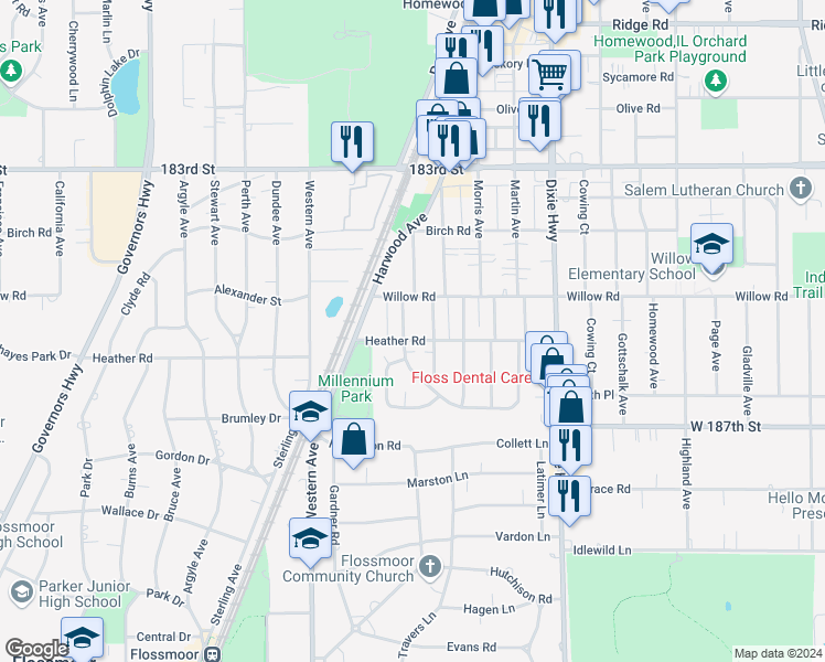 map of restaurants, bars, coffee shops, grocery stores, and more near 18522 Klimm Avenue in Homewood
