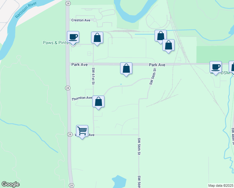 map of restaurants, bars, coffee shops, grocery stores, and more near 5900 Thornton Avenue in Des Moines