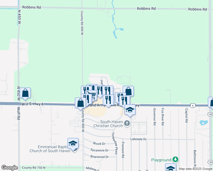map of restaurants, bars, coffee shops, grocery stores, and more near 70-98 Greenfield Lane in Valparaiso