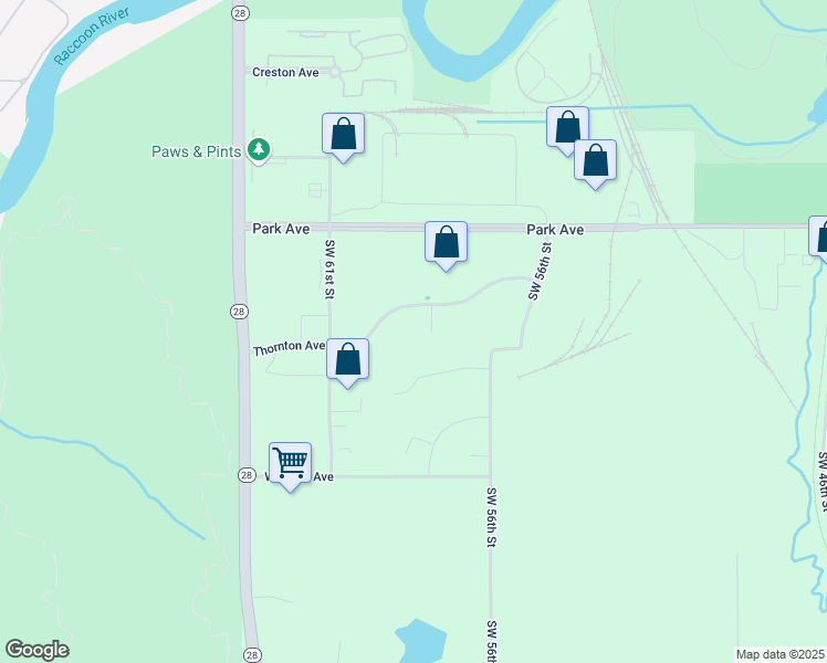 map of restaurants, bars, coffee shops, grocery stores, and more near 5900 Thornton Avenue in Des Moines