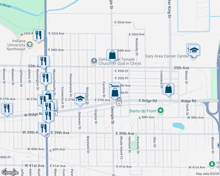 map of restaurants, bars, coffee shops, grocery stores, and more near 3588 Georgia Street in Gary