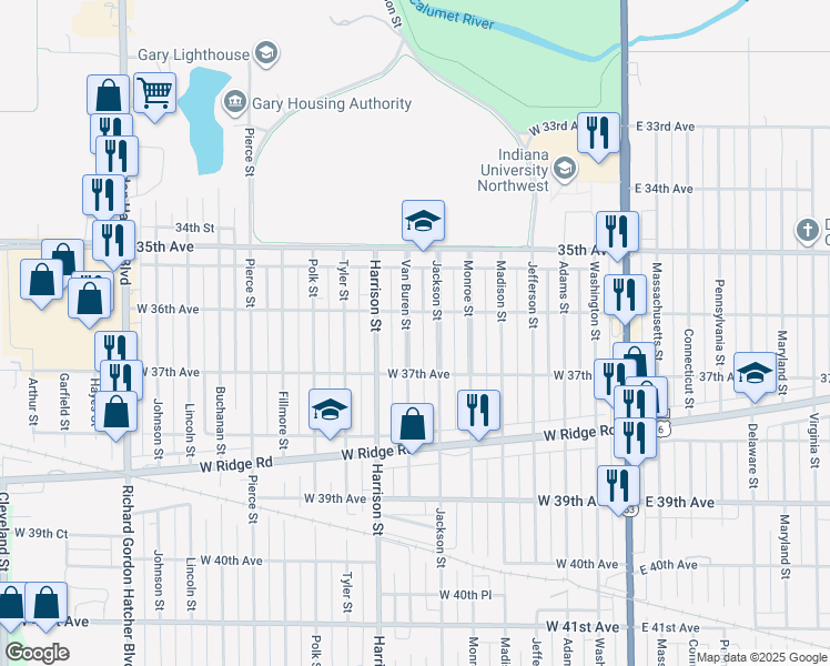 map of restaurants, bars, coffee shops, grocery stores, and more near 3600 Van Buren Street in Gary