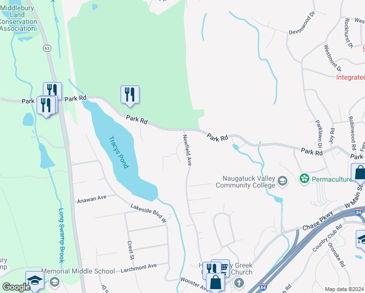 map of restaurants, bars, coffee shops, grocery stores, and more near 63 Newfield Avenue in Waterbury
