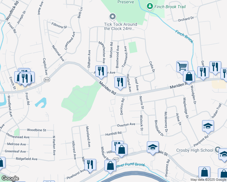 map of restaurants, bars, coffee shops, grocery stores, and more near 975 Meriden Road in Waterbury