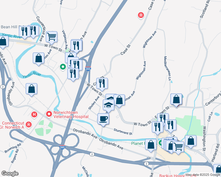 map of restaurants, bars, coffee shops, grocery stores, and more near 93 West Town Street in Norwich