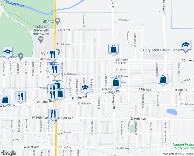 map of restaurants, bars, coffee shops, grocery stores, and more near 3620 Virginia Street in Gary