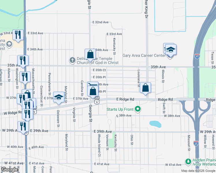 map of restaurants, bars, coffee shops, grocery stores, and more near 1008 East 36th Avenue in Gary