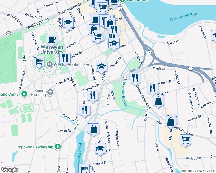 map of restaurants, bars, coffee shops, grocery stores, and more near 86 Mill Street in Middletown