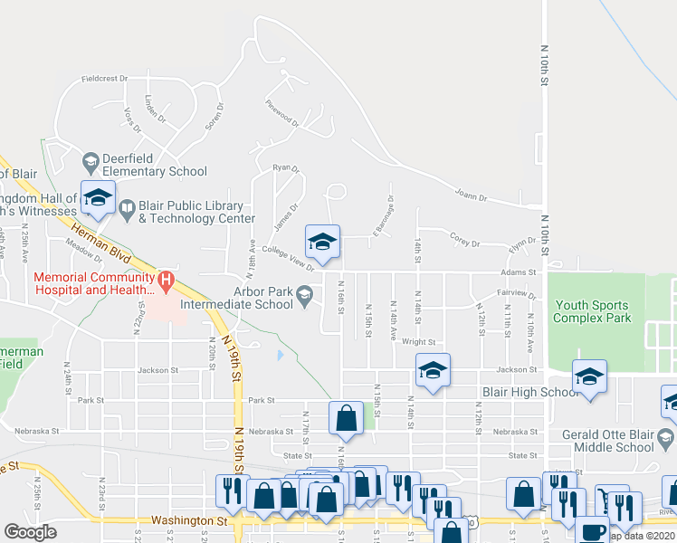map of restaurants, bars, coffee shops, grocery stores, and more near 1616 Adams Street in Blair