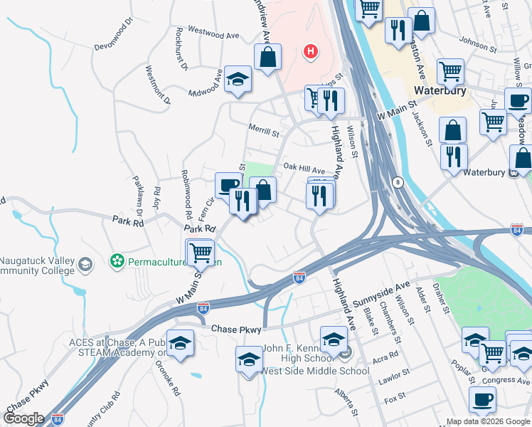 map of restaurants, bars, coffee shops, grocery stores, and more near 1201 West Main Street in Waterbury