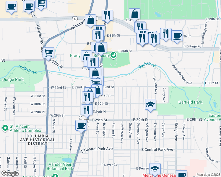 map of restaurants, bars, coffee shops, grocery stores, and more near 521 East 32nd Street in Davenport