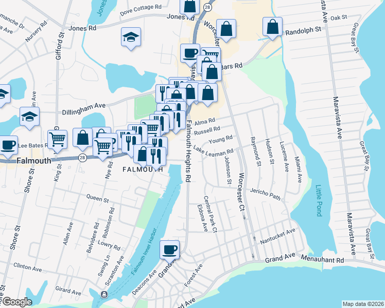 map of restaurants, bars, coffee shops, grocery stores, and more near 44 Falmouth Heights Road in Falmouth