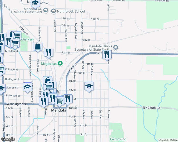 map of restaurants, bars, coffee shops, grocery stores, and more near 710 6th Avenue in Mendota