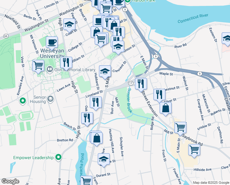 map of restaurants, bars, coffee shops, grocery stores, and more near 86 Mill Street in Middletown